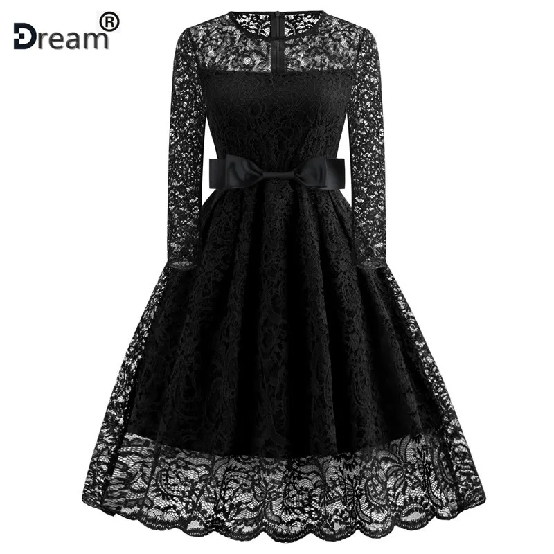 

Women Winter Lace Dress Long Sleeve Sexy Evening Party Dresses Hepburn 50s Elegant Vintage Autumn Dress Plus Size Belt Tunic