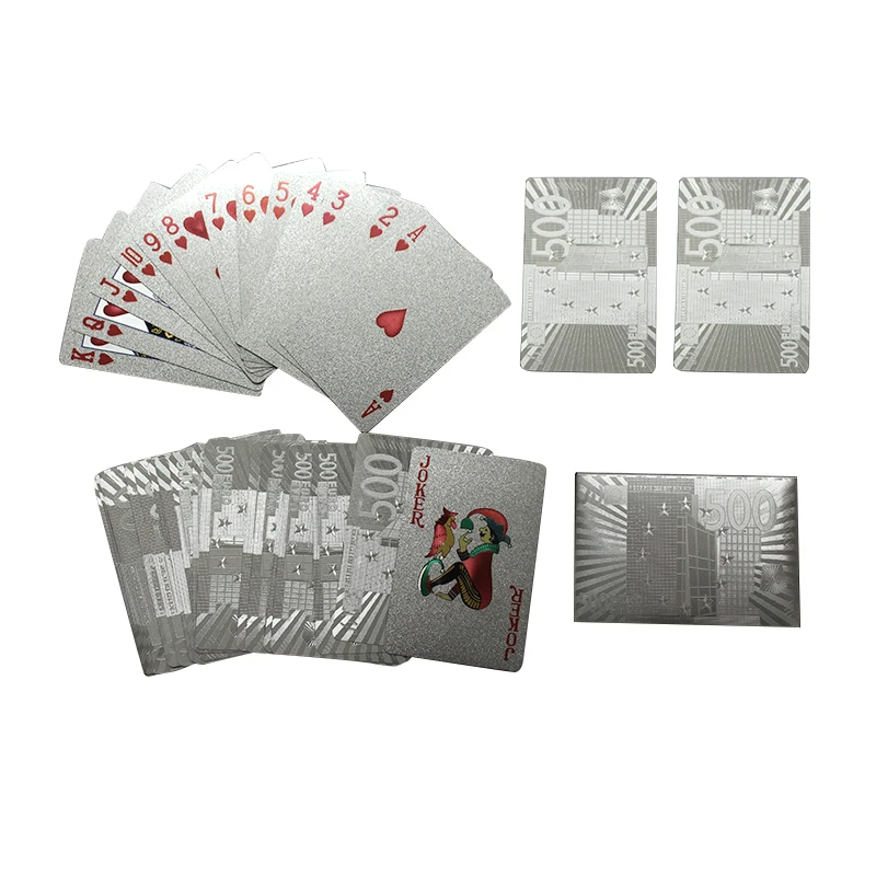 

24K Silver Playing Cards Deck Silver Foil Poker Set Magic Card Durable Waterproof Game Cards Euro US Dollar Design Poler cards
