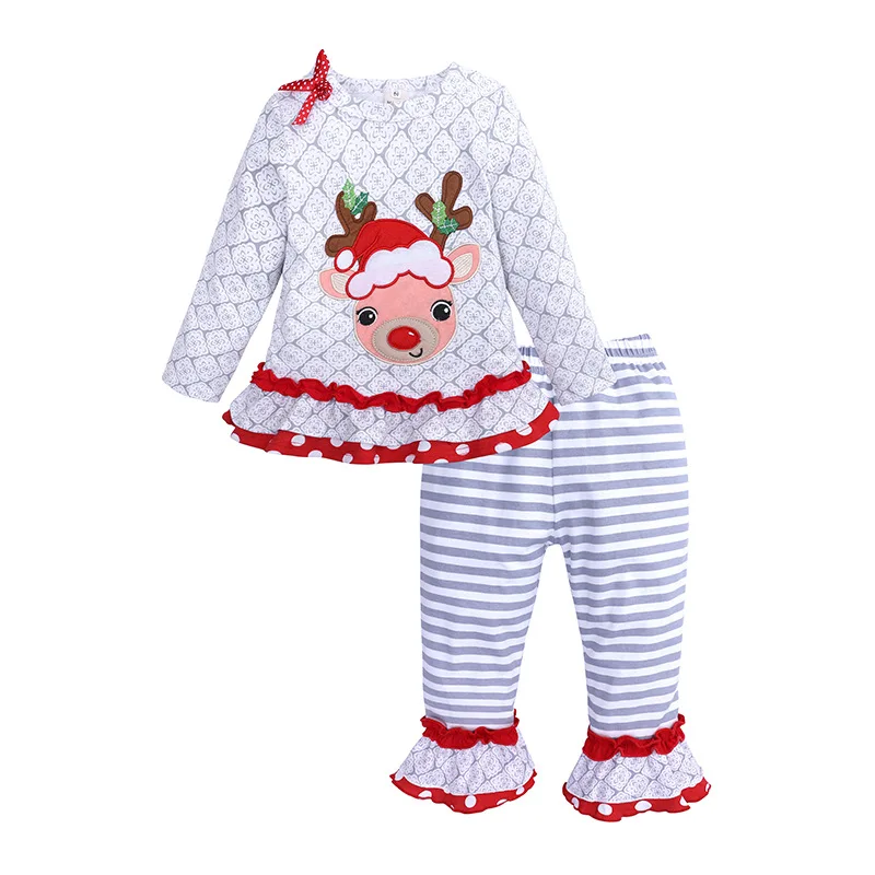 Christmas Children's Clothing Girls Long Sleeve Elk Top + Striped Pants Set New Year Christmas Children's Wear Autumn Christmas Children's Clothing Girls Long Sleeve Elk Top + Striped Pants Set New Year Christmas Children's Wear Autumn