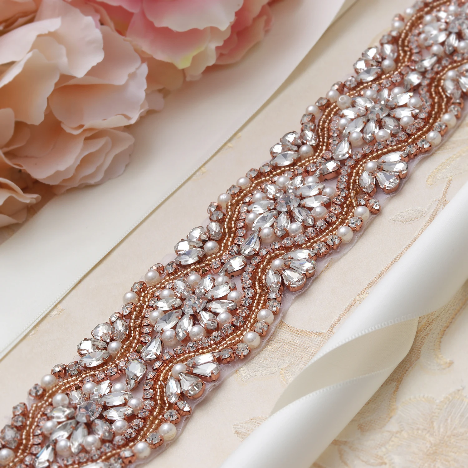 

MissRDress Hand Beaded Wedding Belt Rose Gold Crystal Bridal Belt Rhinestone Embellished Bridal Sash For Wedding Long Gown JK812