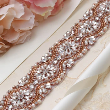 

MissRDress Hand Beaded Wedding Belt Rose Gold Crystal Bridal Belt Rhinestone Embellished Bridal Sash For Wedding Long Gown JK812