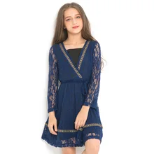 Мода девушки Платье для девочек Весна-осень Детские Длинные рукава кружевное платье принцессы для девочки школьный Костюмы на возраст 5, 6, 8, 9, 10, 12, 14 лет