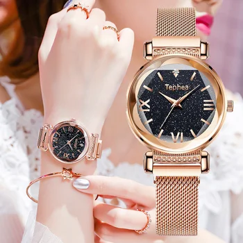 

Luxury Women Watches Tephea Brand Fashion Ladies Starry Sky Watch Magnet Flowers Surface Watch Women Box Bracelet Set For Gift
