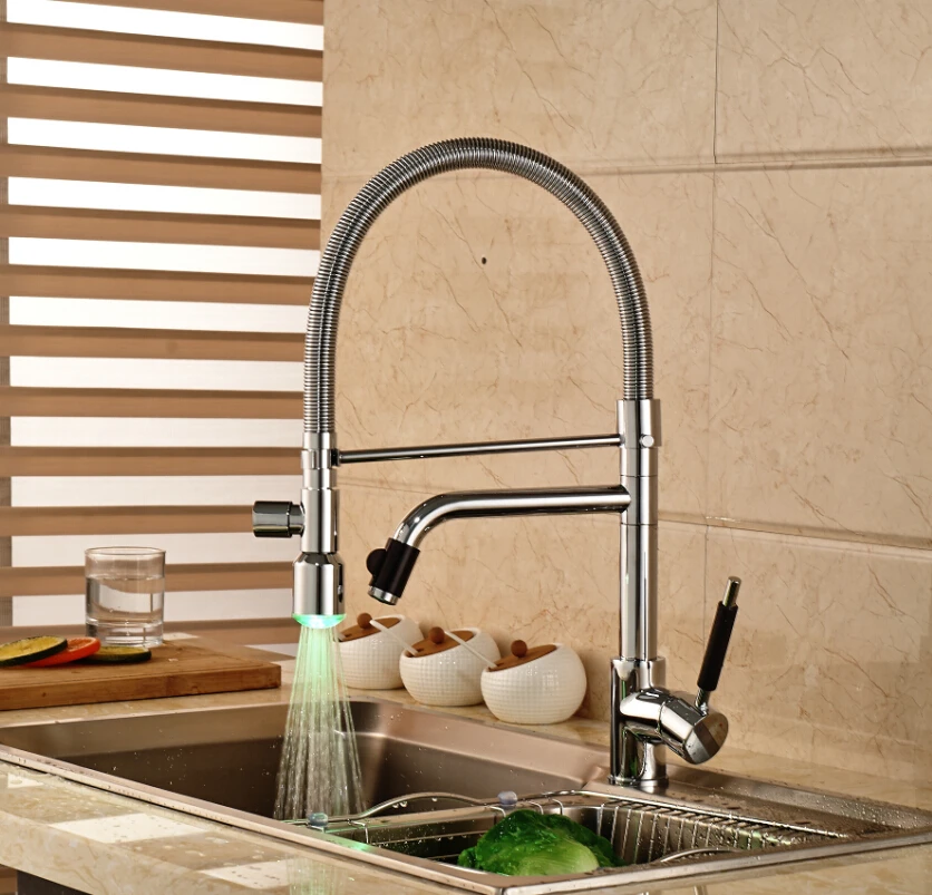 Chrome Two Rotation Spout Hands Free Sprayer Kitchen Sink Faucet LED Light Hot Cold Water Mixer Taps Chrome Two Rotation Spout Hands Free Sprayer Kitchen Sink Faucet LED Light Hot Cold Water Mixer Taps