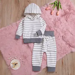 Для Новорожденных Для маленьких мальчиков в полоску с длинными рукавами для девочек пуловер с капюшоном Хлопок Повседневное комплект