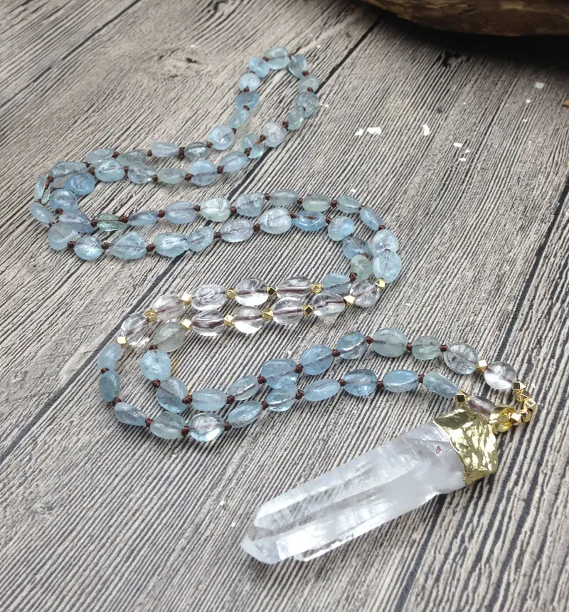 YA2975 кулон из природного кварца Aquamarines каменные самородки Beads Knot ручной работы
