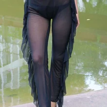 Сексуальная Женская пляжная одежда брюки высокая эластичная талия Сетка прозрачные оборки сплошной купальник купальный костюм Женская сексуальная одежда плюс размер