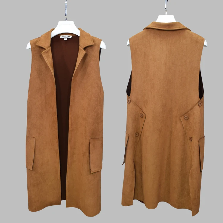 Side Buttons Split Soft Suede Fabric Long Women Vest Coat Pockets Plus Size Colete Solid Faux Weste Open Stitch Colete feminina