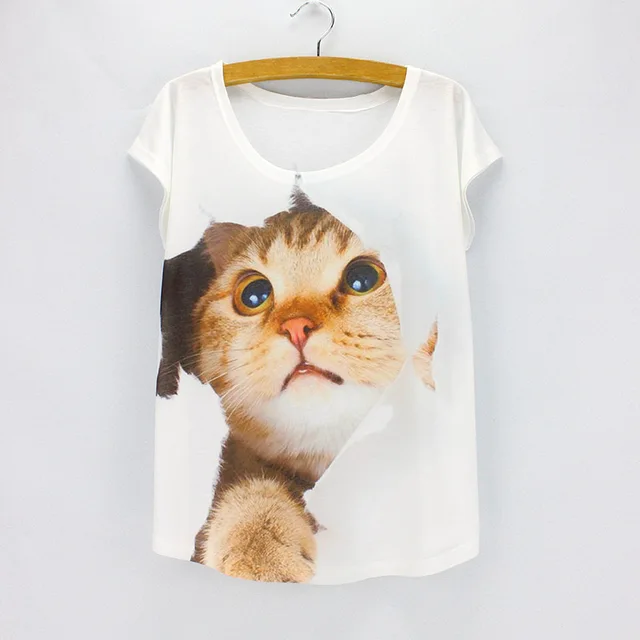 Real 3D cute Cat print t shirt women 2016 fashion novelty summer tees short sleeve O-neck girls top tees wholesale