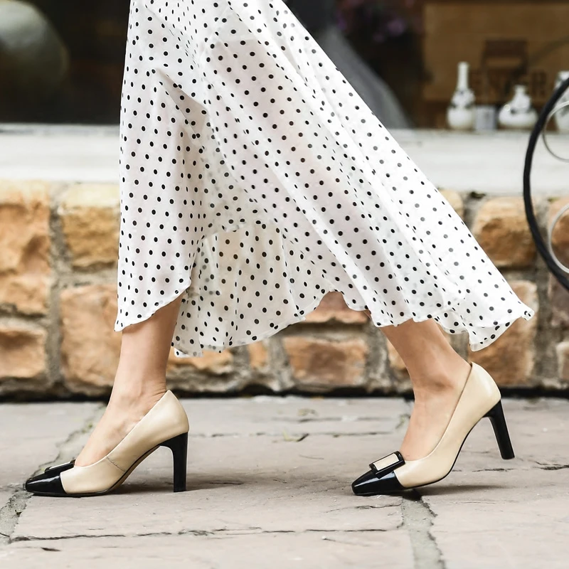 

DorisFanny new collection genuine leather shoes square buckle fashion high heel women shoes ladies pumps