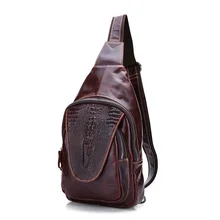 Модная мужская сумка из натуральной воловьей кожи на груди, сумка через плечо с узором «крокодиловая кожа», однотонная, коричневая/черная, винтажная, для путешествий