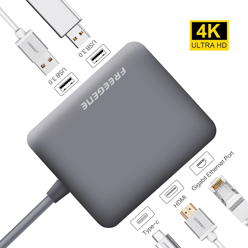 

Freegene USB 3.0 HUB USB C HUB to HDMI RJ45 PD Adapter for MacBook Pro Samsung Galaxy S9/S8 Huawei P20 Pro Type-C Hub Space Gray