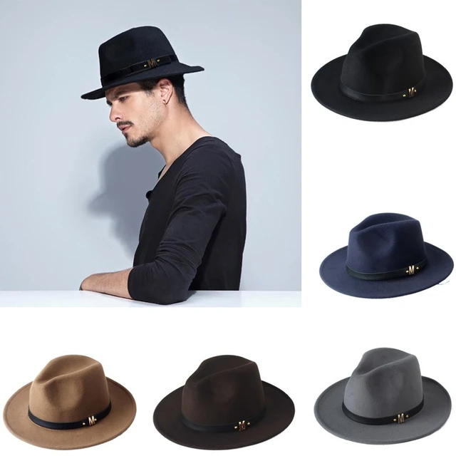 Sombrero Vintage para hombre, sombrero de ala ancha, Sombrero Fedora Plano