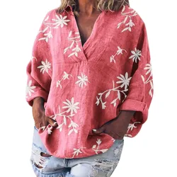 Women's Clothes Blouse V-Neck Floral Print Cotton And Linen Long-Sleeved Shirt 5XL Female Boho Style Casual Loose Blouse YJJ2 Women's Clothes Blouse V-Neck Floral Print Cotton And Linen Long-Sleeved Shirt 5XL Female Boho Style Casual Loose Blouse YJJ2