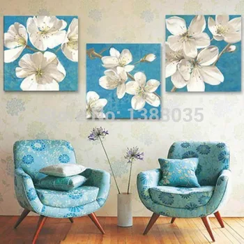 

Hand Painted White Flowers Blue Canvas Oil Paintings Modern Abstract 3 Panel Home Decoration Wall Art Pictures Sets