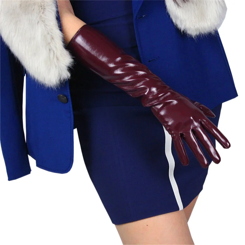 Patent Leather Gloves New 2019 Female Long PU Simulation Leather Warm Bright Leather Mirror Wine Red 40cm Woman's Gloves P60