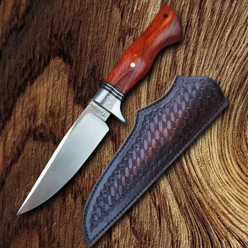 TUREN-ручная работа охотничий нож 440C стальной нож с фиксированным лезвием с кожаной оболочкой деревянная ручка инструменты для выживания на открытом воздухе - Цвет: Woven Sheath