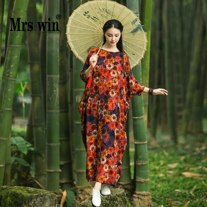 Women's Loose Casual Soft Cotton Plus Size Bat-sleeve Vintage Floral Print Bohemian Long Robe Dresses | Женская одежда