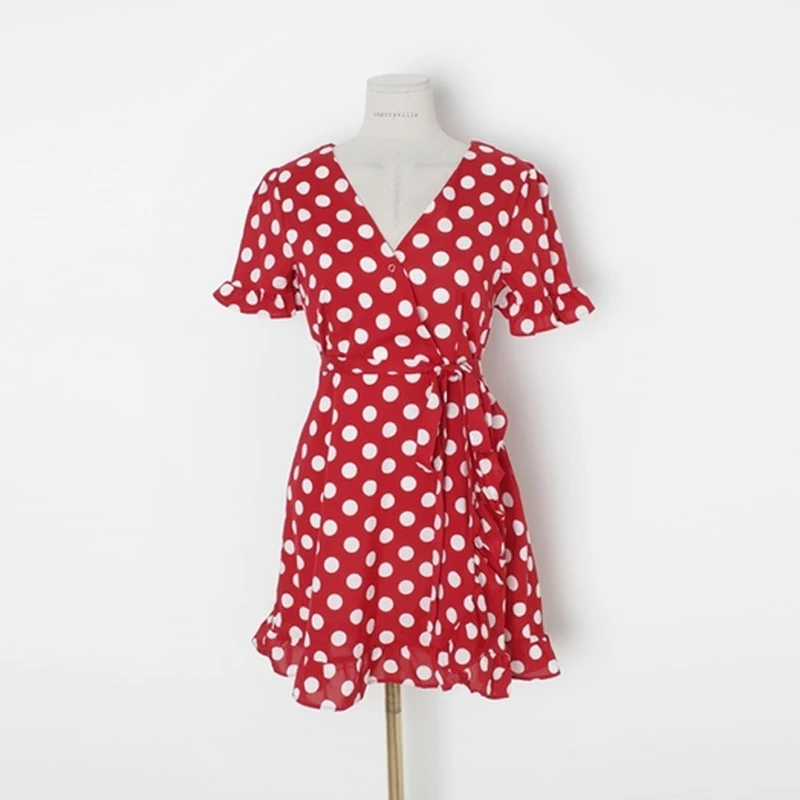 

PERHAPS U red polka dot ruffle v neck print short sleeve wrap cross lace up a line short dress mini dress vintage D0759