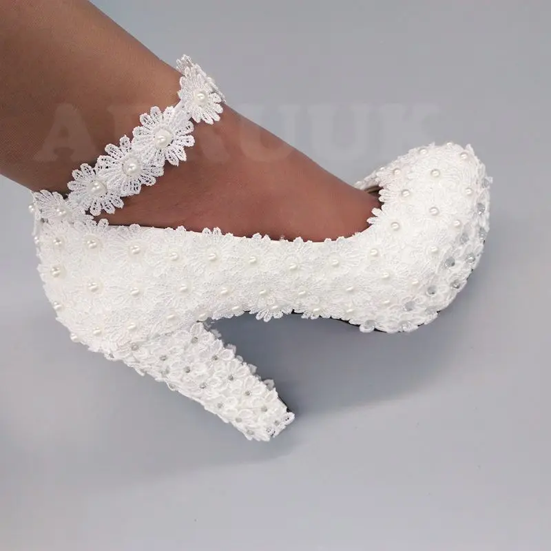 11cm super high block heels ivory lace pearls wedding shoes bride ankle strap handmade chunky heeled brides wedding pumps shoe