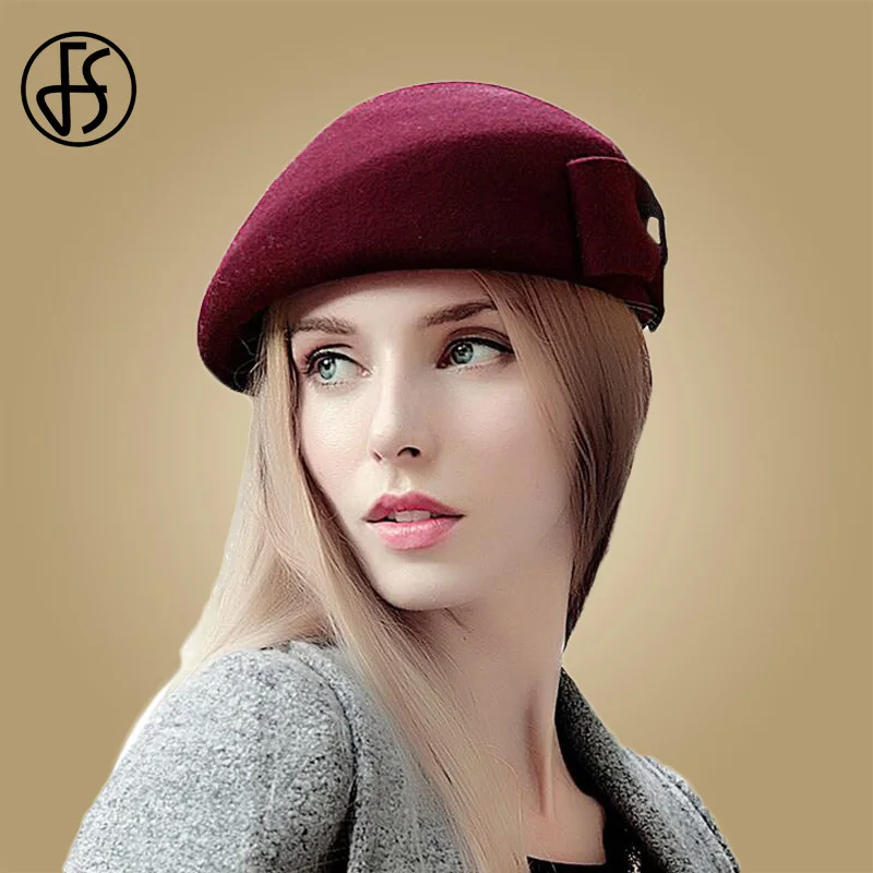 

FS Elegant 100% Wool French White Beret Hats Women Vintage Pillbox Hat Black Red Ladies Bow Winter Felt Fedoras Stewardess Cap