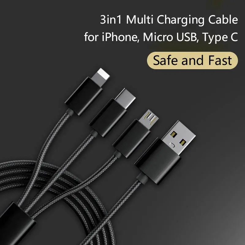 

3in1 Micro USB fast Charging Cable Android For iPhone XR XS Max X Type C Retractable design 1.2M length Mobile phone cable