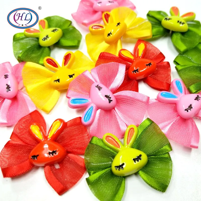 

HL 20pcs Mix color organza ribbon bows with rabbit handmade flowers apparel sewing accessories DIY appliques A042