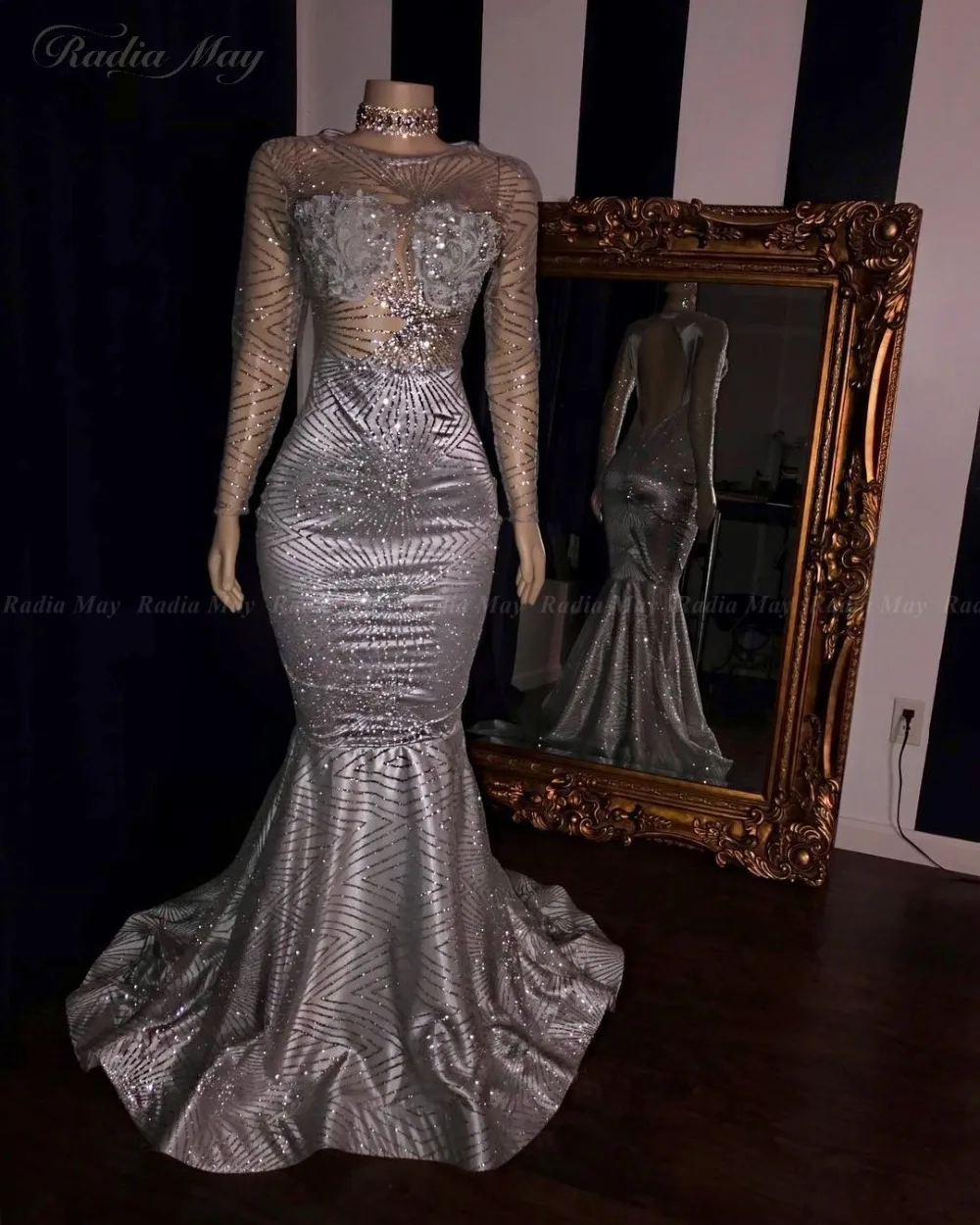 Silver prom dresses long sleeve Clearance