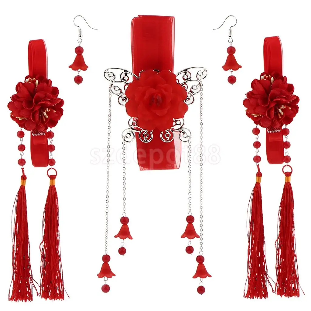 Ribbon Flower Chain Tassel Ancient Chinese Headdress Clip & Beads Dangle Earring Set Bridal Wedding Cosplay Party Hair Jewelry