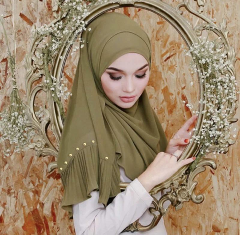 72*185 см мусульманский жатый шифон хиджаб шарф женский головной платок с жемчугом исламские головы warps и шали из фуляра femme musulman
