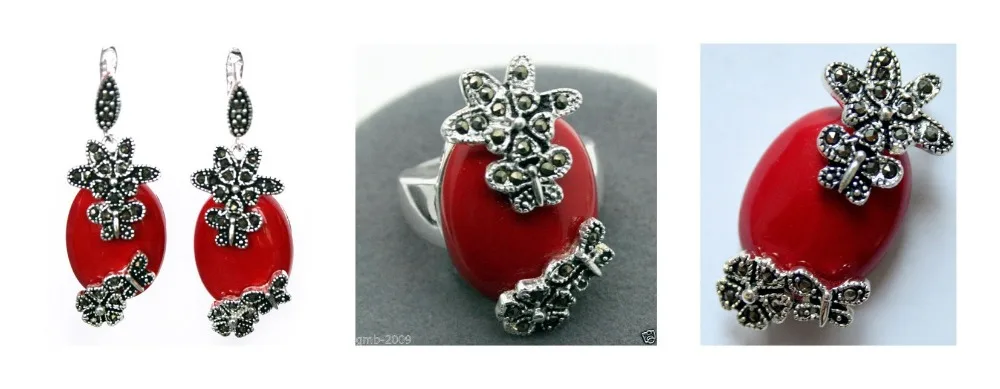 Скульптура из маркассита Mode rouge laque 925 bague en argent Sterling (#7 10) boucles d'oreilles et ensembles de bijoux