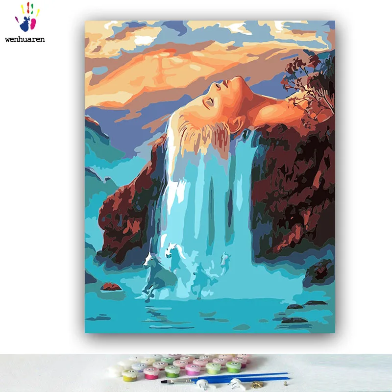 

DIY Coloring paint by numbers Natural waterfall goddess pictures Abstract figure paintings by numbers with kits 40x50 framed