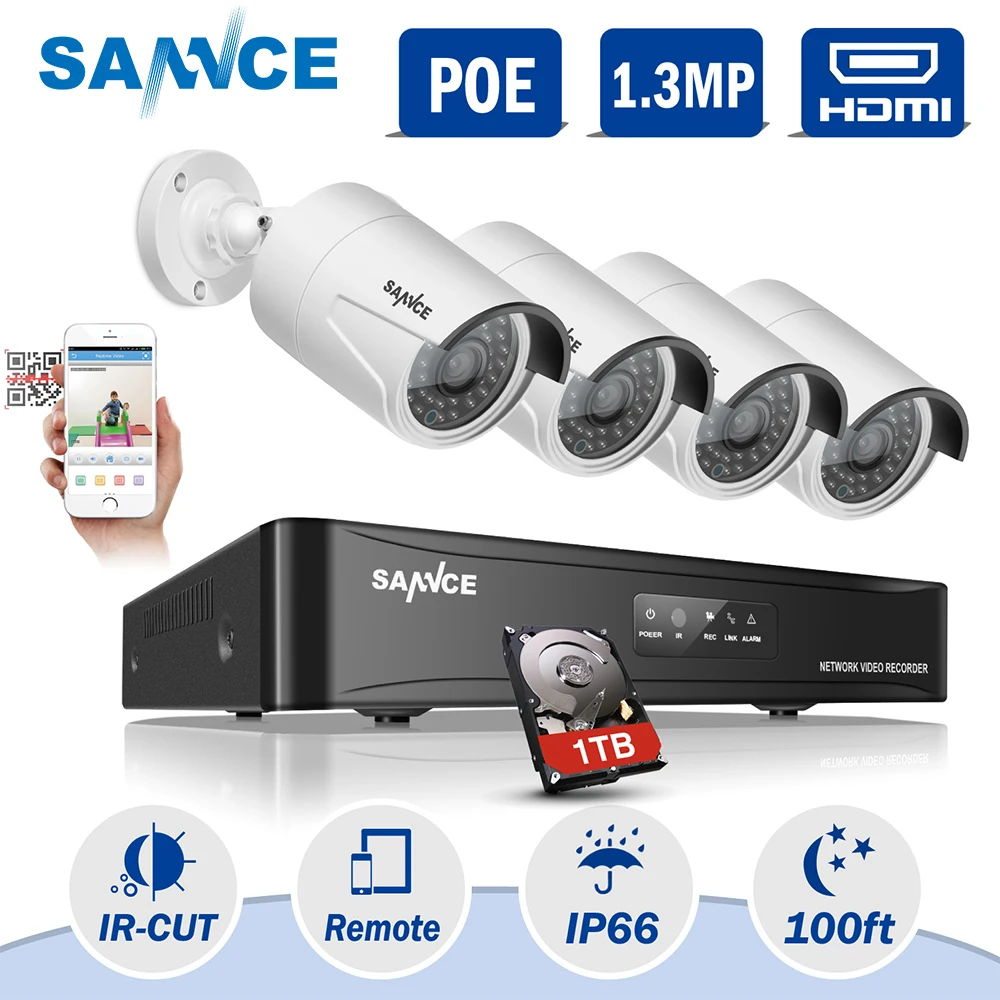 

SANNCE 4CH 960P POE NVR CCTV Camera System 1.3MP IP Network NVR Security Camera IR Outdoor Video Surveillance Kit ITB HDD