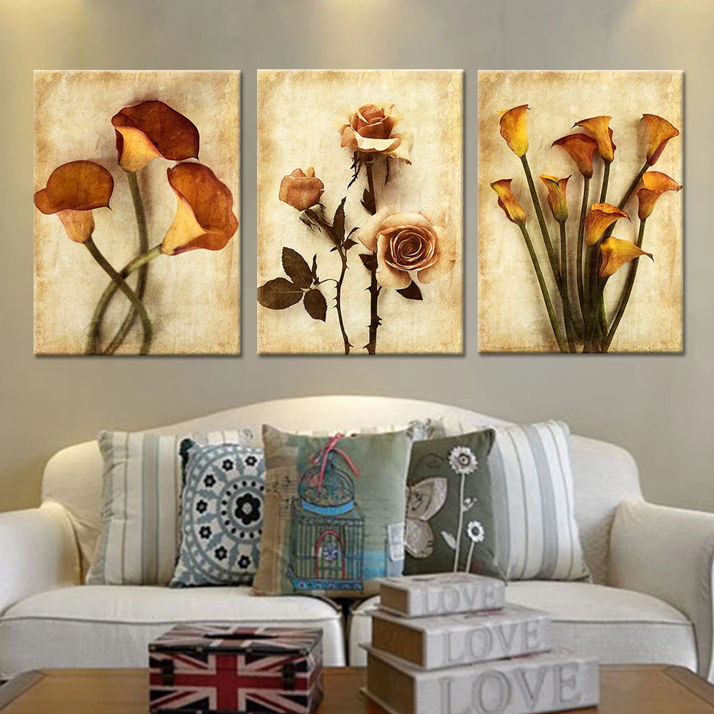 3 Pieces Kanvas Lukisan Bunga Sederhana Modern Abstrak Dekorasi