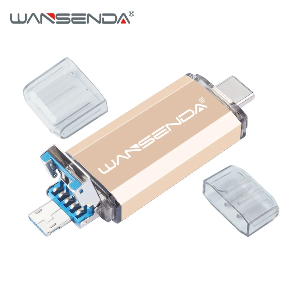 WANSENDA 3 в 1 флеш-накопитель USB 3,0 Тип-C портативный флэш-накопитель 256 ГБ 128 ГБ флэш-накопитель 64 ГБ 32 ГБ оперативной памяти, 16 Гб встроенной памяти, cle usb флеш-накопитель для Android Тип C ПК - Цвет: Золотой