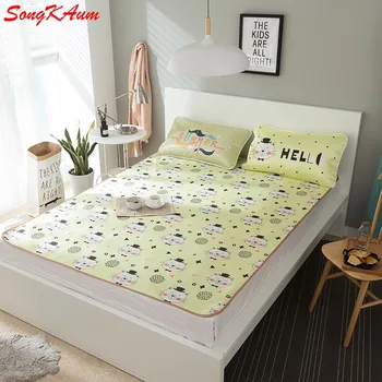 

Nordic style Summer Foldable Ice Silk Bedsheet Cat 3Pcs Cartoon Animal Tencel Mat Straw Mat Bed Mattress Protector Cover