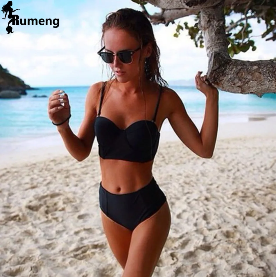 RUMENG Bikini Set Bandeau bikini negro Push up traje de baño Talle alto talla grande traje de baño mujeres trajes Biquini 2019 nuevo Bikini RUMENG Bikini Set Bandeau bikini negro Push up traje de baño Talle alto talla grande traje de baño mujeres trajes Biquini 2019 nuevo Bikini