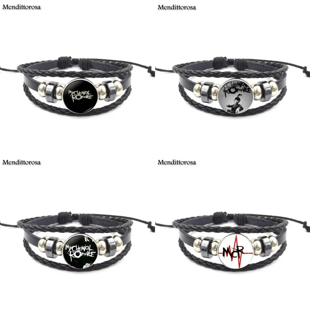 

Mendittorosa Jewelry Classic Glass Cabochon Black Leather Bracelet Bangle Fashion For Women Rock Band My Chemical Romance