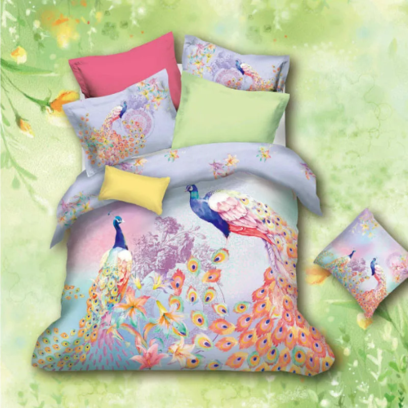 

3d Watercolor Peacock and Lily Flowers Bedding Set Pure Cotton Fabric Duvet Cover Pillowcase Bedsheets for Full - Queen Size Bed