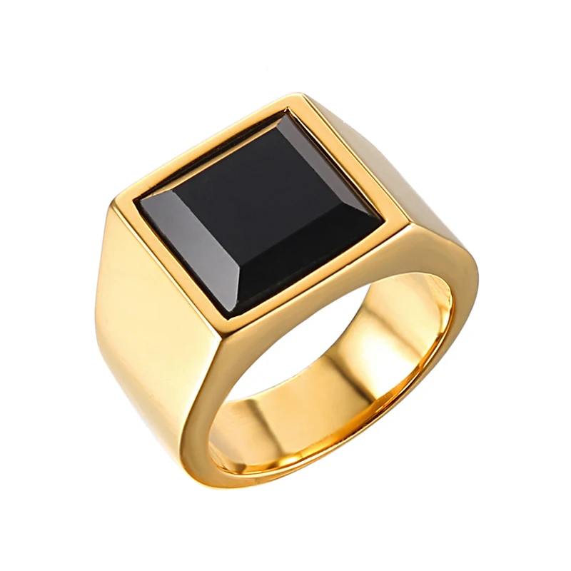 US7 Stainless Steel Square Stone Ring Men Biker Punk Rock Finger Obsidian Natural Stone men rings Titanium Street Jewelry Gift