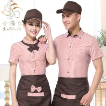 Waitess Top Attendant Restaurant Hotel Waiter Blouse Short Sleeved Overalls Top+apron+cap