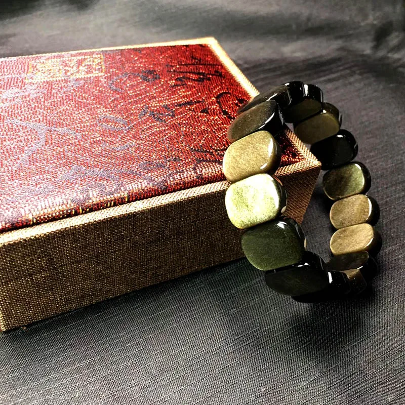Natural Stone Gold Obsidian AAAAA Hand Wrist Bracelet/Bangle Rectangle Fashion Jewelry Amulet Stretch pulseras For Men/Women