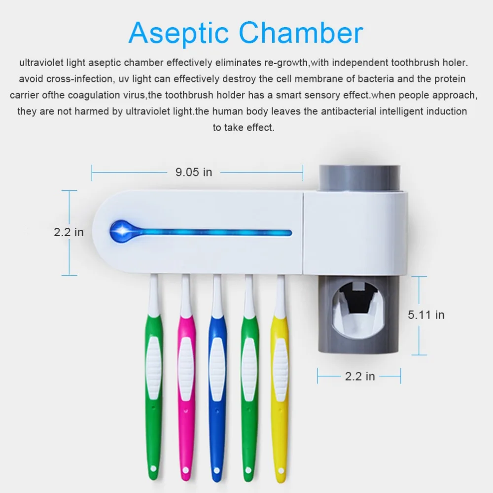 2 в 1 УФ держатель для зубных щеток, диспенсер для зубной пасты+ 5 дезинфекционный шкаф для зубной щетки настенный набор для ванной комнаты