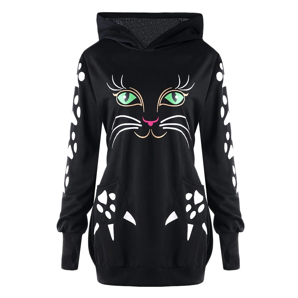 New Women Casual Hoodies Sweatshirt Long Sleeve Hoody Cute Cat Printed