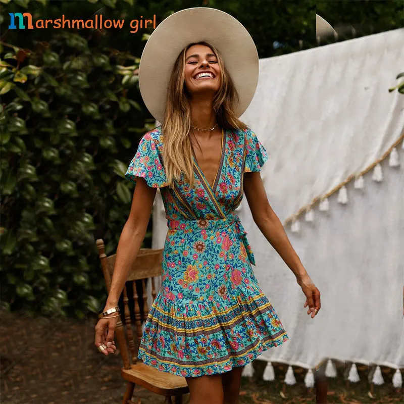 

Summer dress 2019 Women sexy V neck mini dresses boho style short sleeve bodycon dress vintage Casual beach party dress