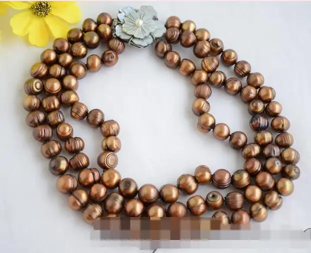 

3515 3strands almost round coffee screw thread freshwater pearl necklace