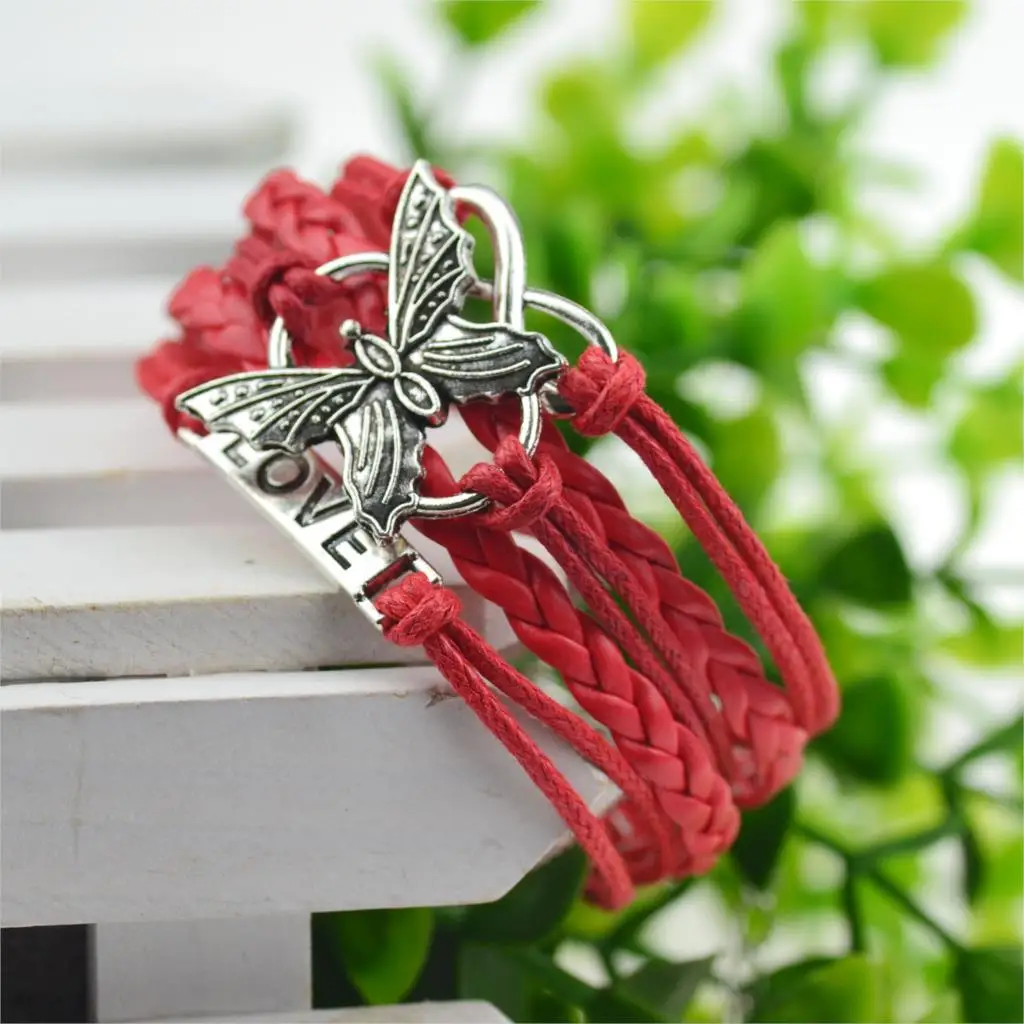 Новое поступление, 4 цвета, кожаные браслеты для любви для женщин и мужчин, модные серебряные браслеты с бабочками и браслеты, браслет с подвесками