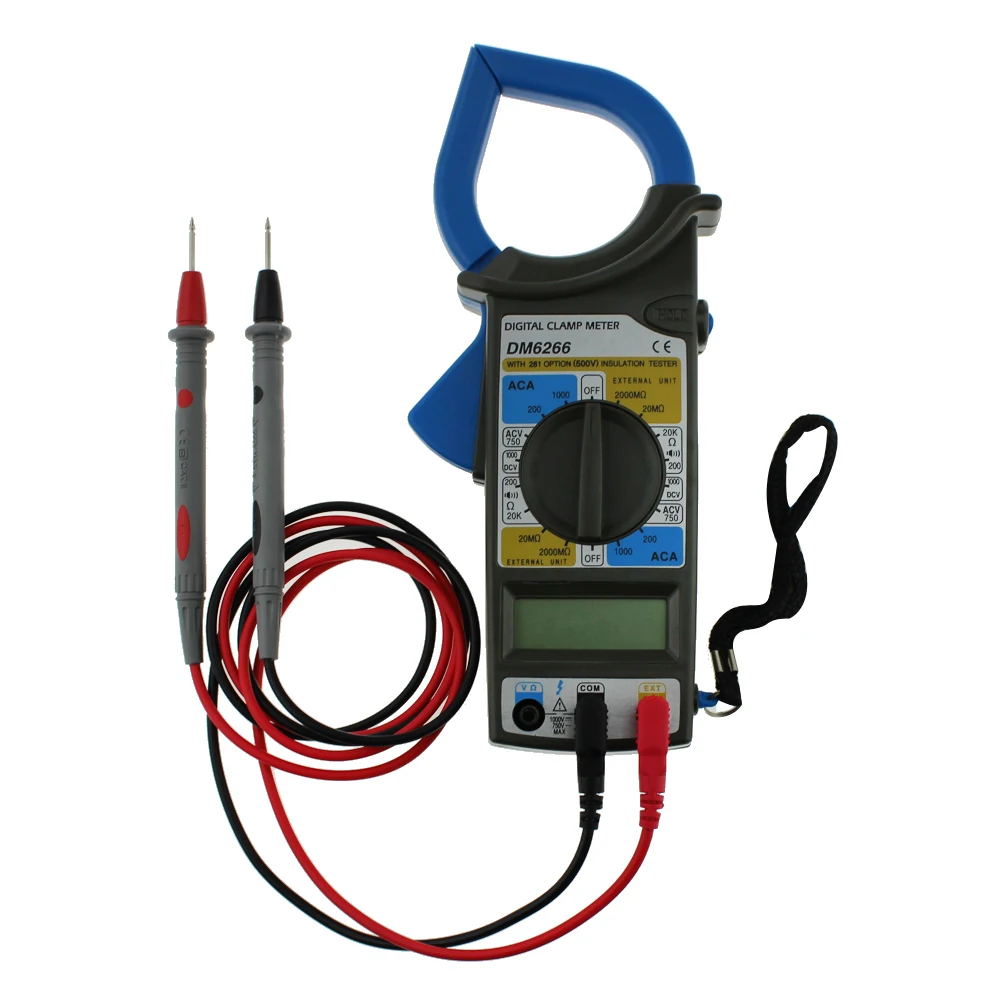 ЖК-цифровой клещи с 2 тестовыми свинцами AC DC Ток Напряжение Сопротивление Тест er мультиметр синий измерительный инструмент DM6266