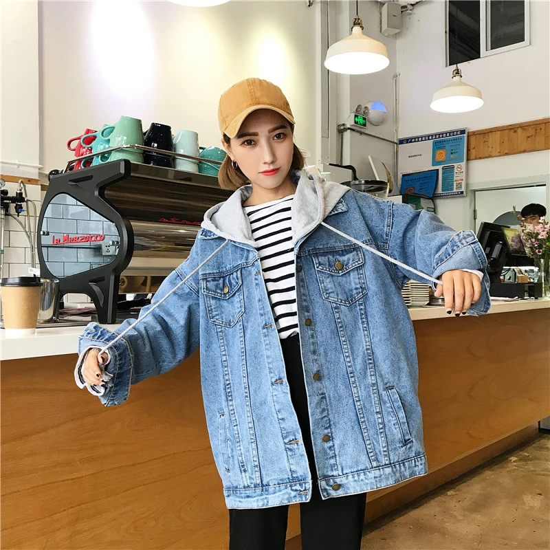 plus size women's fat mm spring autumn bf wind hooded jean jacket female denim Korean jacket women tide veste femme coat women