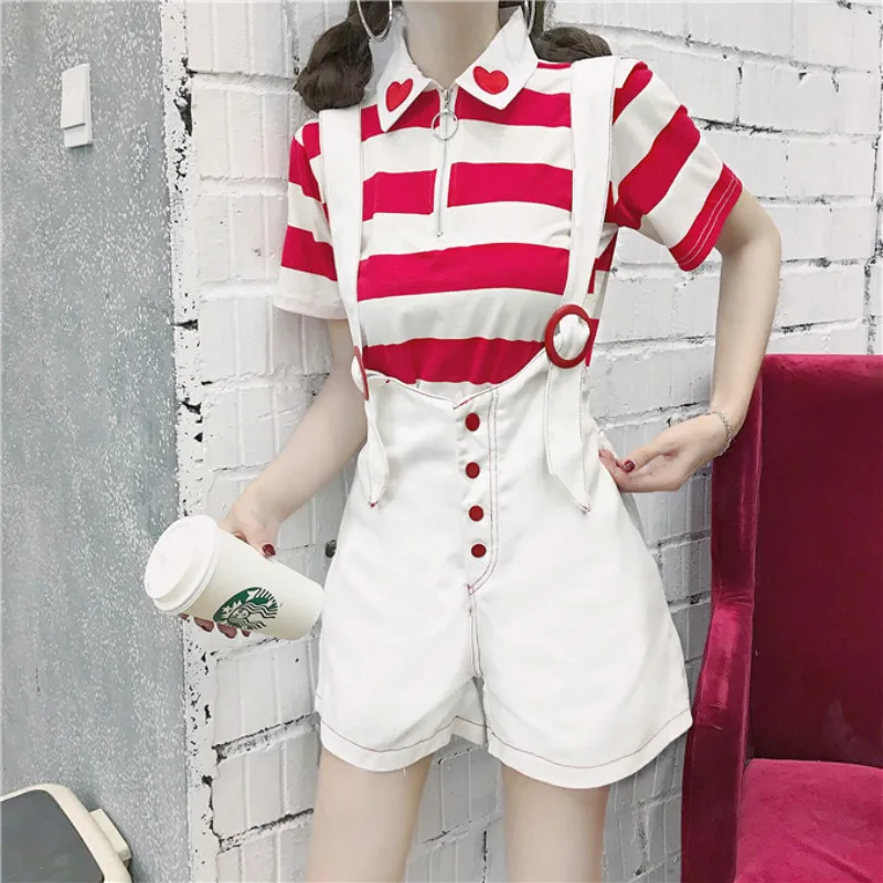

Harajuku Fashion Summer White Single-breasted Jumpsuit Female Retro Cotton Loose High Waist Ring Sling Women Jumpsuit